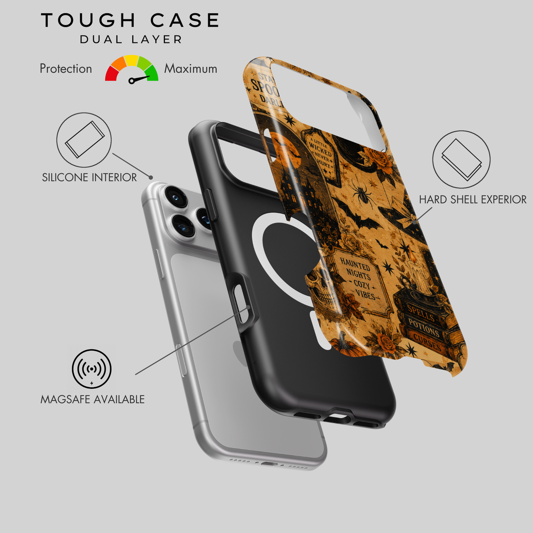 A phone case set shown on a light gray background with feature callouts. The main product is a black and clear dual-layer case with a Halloween-themed printed hard shell overlay in orange, brown, and black.