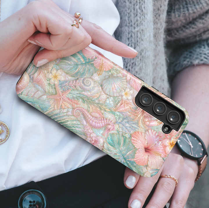 Coastal Samsung Galaxy S26 Ultra phone case with seahorse, seashells, coral reef details, starfish, and pastel beach-inspired artwork.