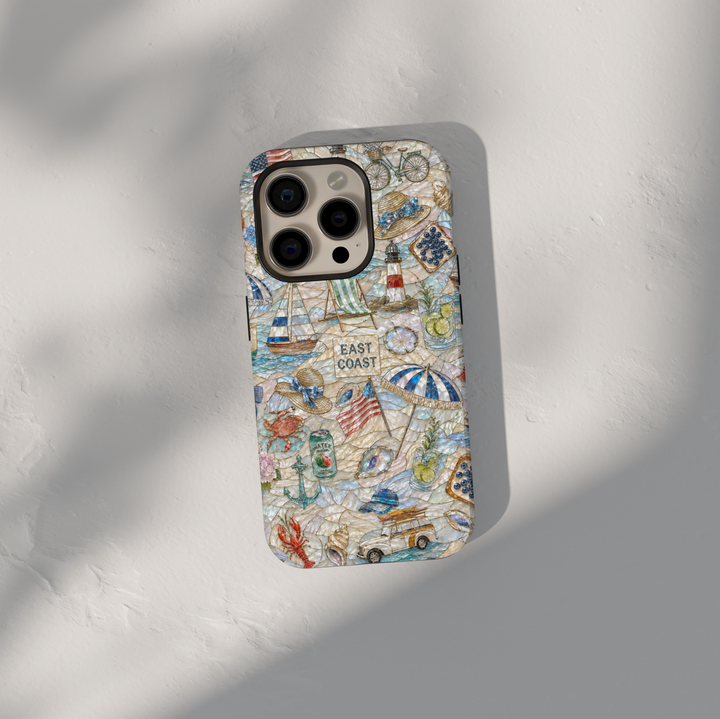 Beach-themed iPhone case featuring turquoise ocean waves, tropical palm trees, seashells, pearls, sandy shoreline, and coastal sunset artwork.