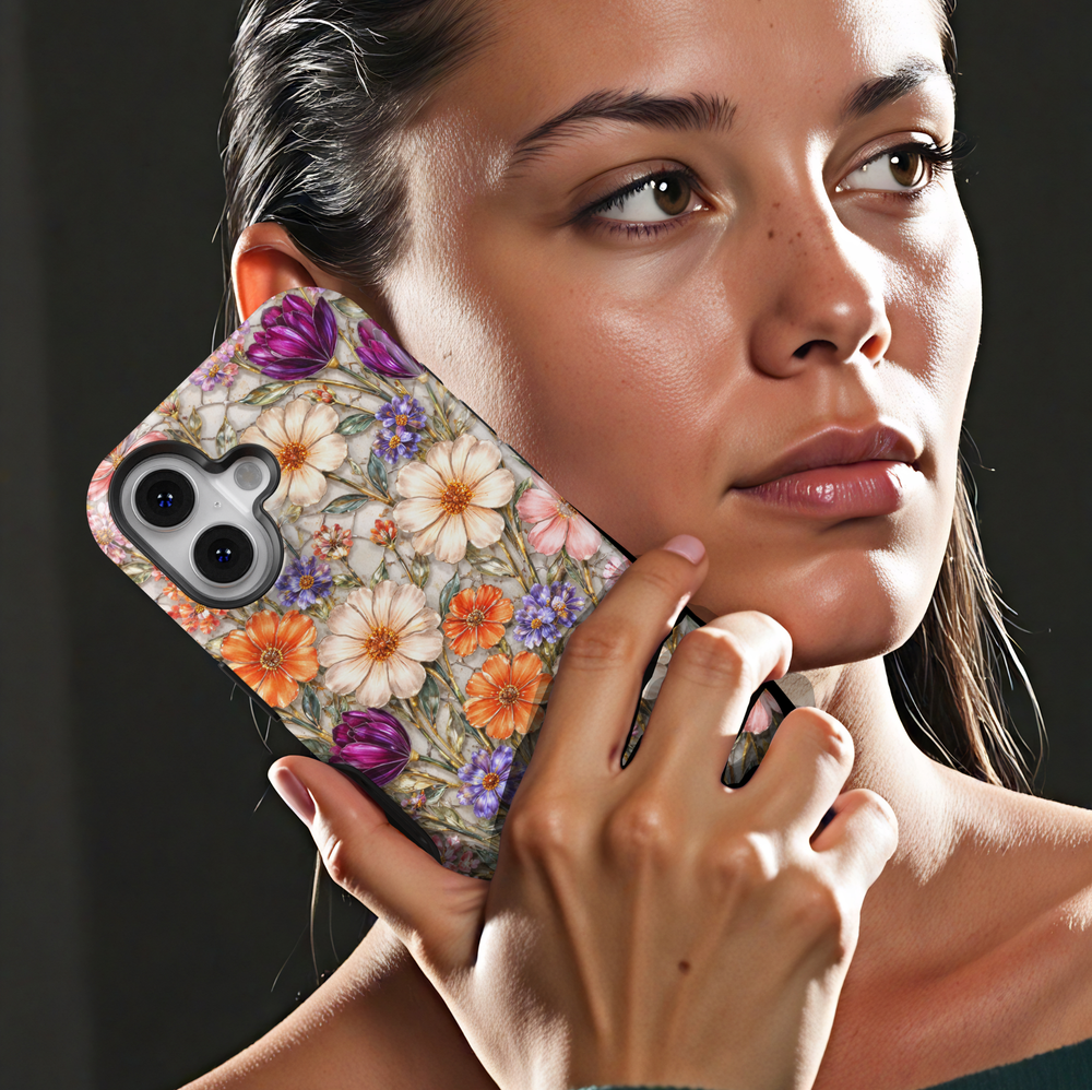 Elegant floral phone case with vintage garden flowers in pink, orange, and purple for iPhone 17 Pro Max and Samsung Galaxy S26 Ultra.