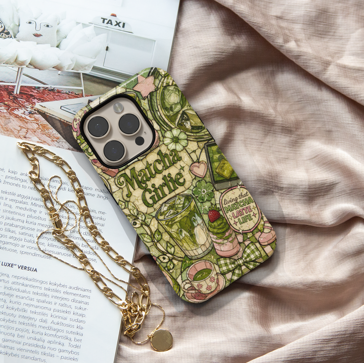 Cute matcha aesthetic iPhone 17 Pro Max case with green tea drinks, desserts, bows, and cozy cafe-inspired artwork.