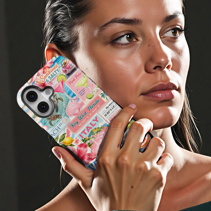 Tropical beach collage phone case with ocean, citrus, and travel aesthetic for iPhone 17 Pro Max and Samsung Galaxy S26 Ultra.