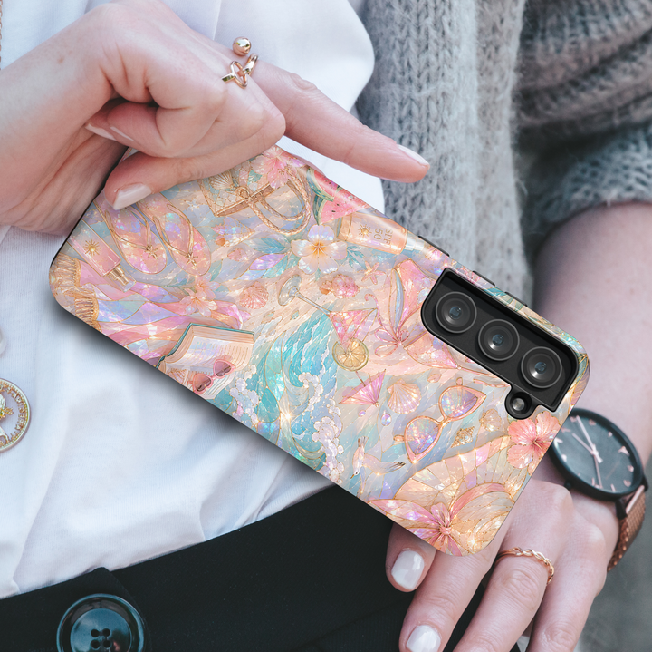 Coastal Samsung Galaxy S26 Ultra phone case with ocean waves, shells, tropical flowers, flip flops, and luxurious beach-inspired artwork.
