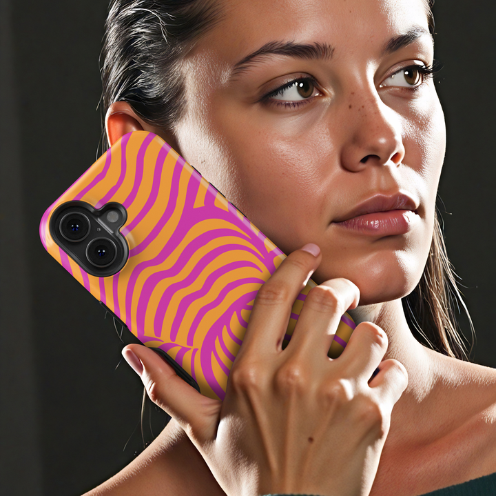 Electric Sunset pink and orange iPhone 18 Pro Max MagSafe case featuring bold hot pink, magenta and bright orange abstract wavy lines, a colorful retro groovy tough iPhone 18 Pro phone case with funky Y2K aesthetic, protective design and MagSafe compatibility.