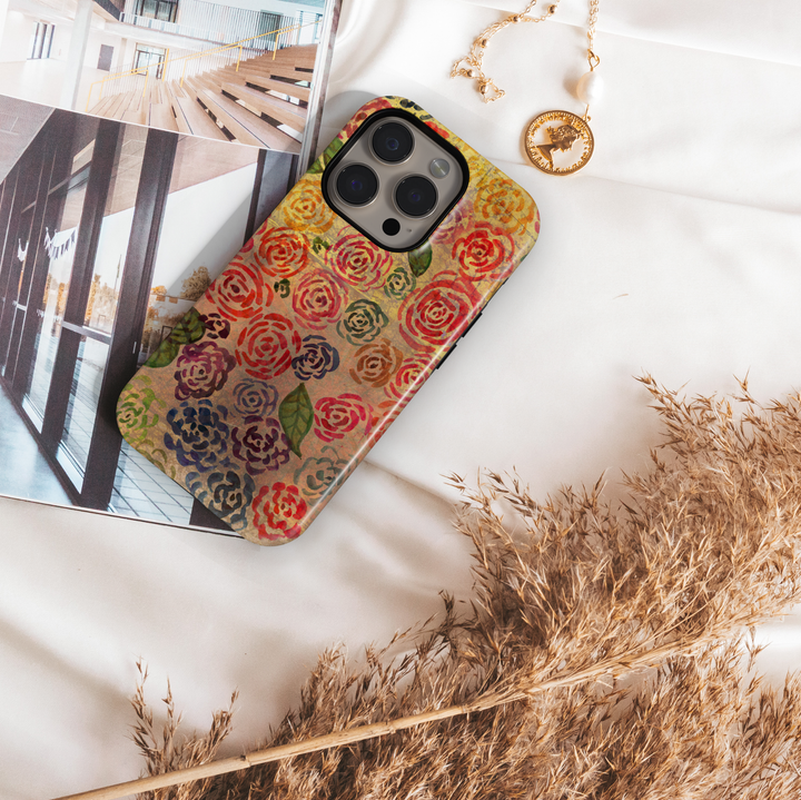 Vintage rose floral iPhone tough case with earthy tones, watercolor texture, and rustic botanical pattern