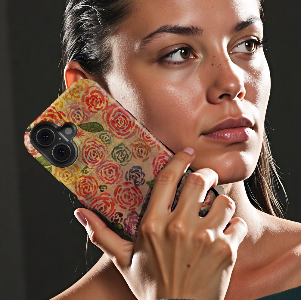Vintage rose floral iPhone tough case with earthy tones, watercolor texture, and rustic botanical pattern