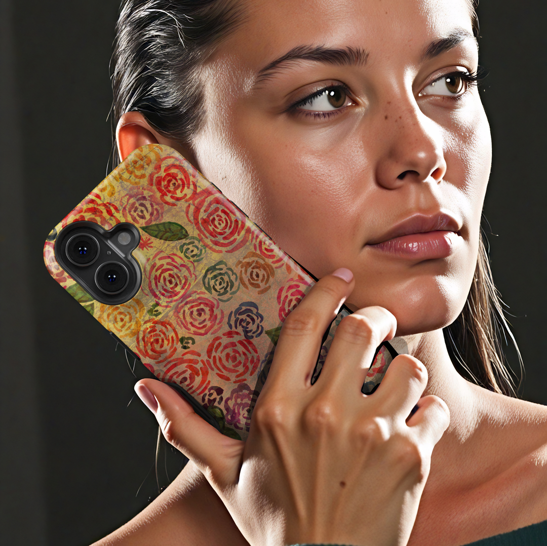 Vintage rose floral iPhone tough case with earthy tones, watercolor texture, and rustic botanical pattern