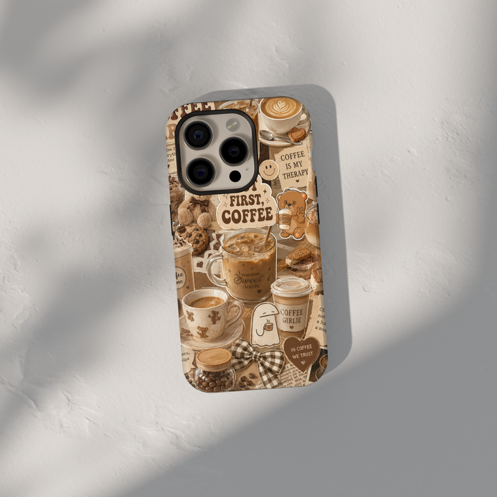 Cute coffee aesthetic iPhone 17 Pro Max case with lattes, coffee cups, bows, teddy bears, and cozy cafe-inspired artwork.
