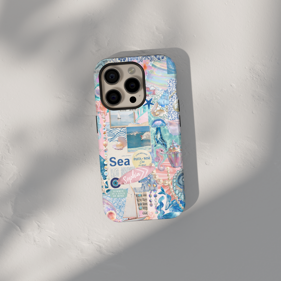 Ocean aesthetic phone case with seashells, pearls, and beach collage design for iPhone 17 Pro Max and Samsung Galaxy S26 Ultra.