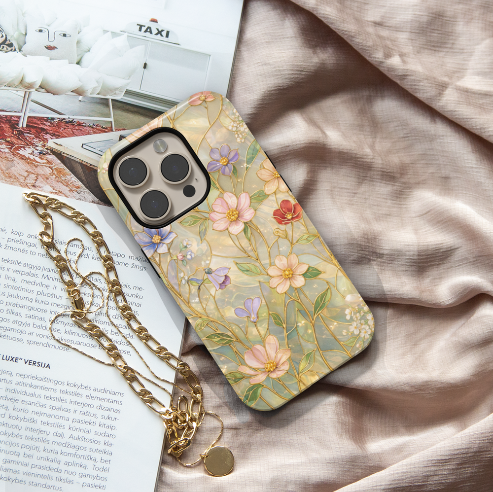 Elegant pastel floral phone case with gold botanical outlines and soft marble background, protective tough case for iPhone and Samsung Galaxy