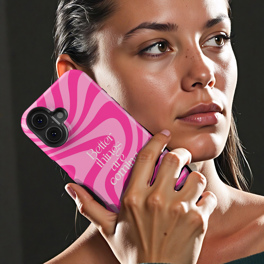 Pink swirl aesthetic phone case with “Better Things Are Coming” quote, girly wavy pattern iPhone 16 Pro Max case, Samsung Galaxy S26 Ultra S25 Ultra cute pink glossy protective cover for women aesthetic phone case