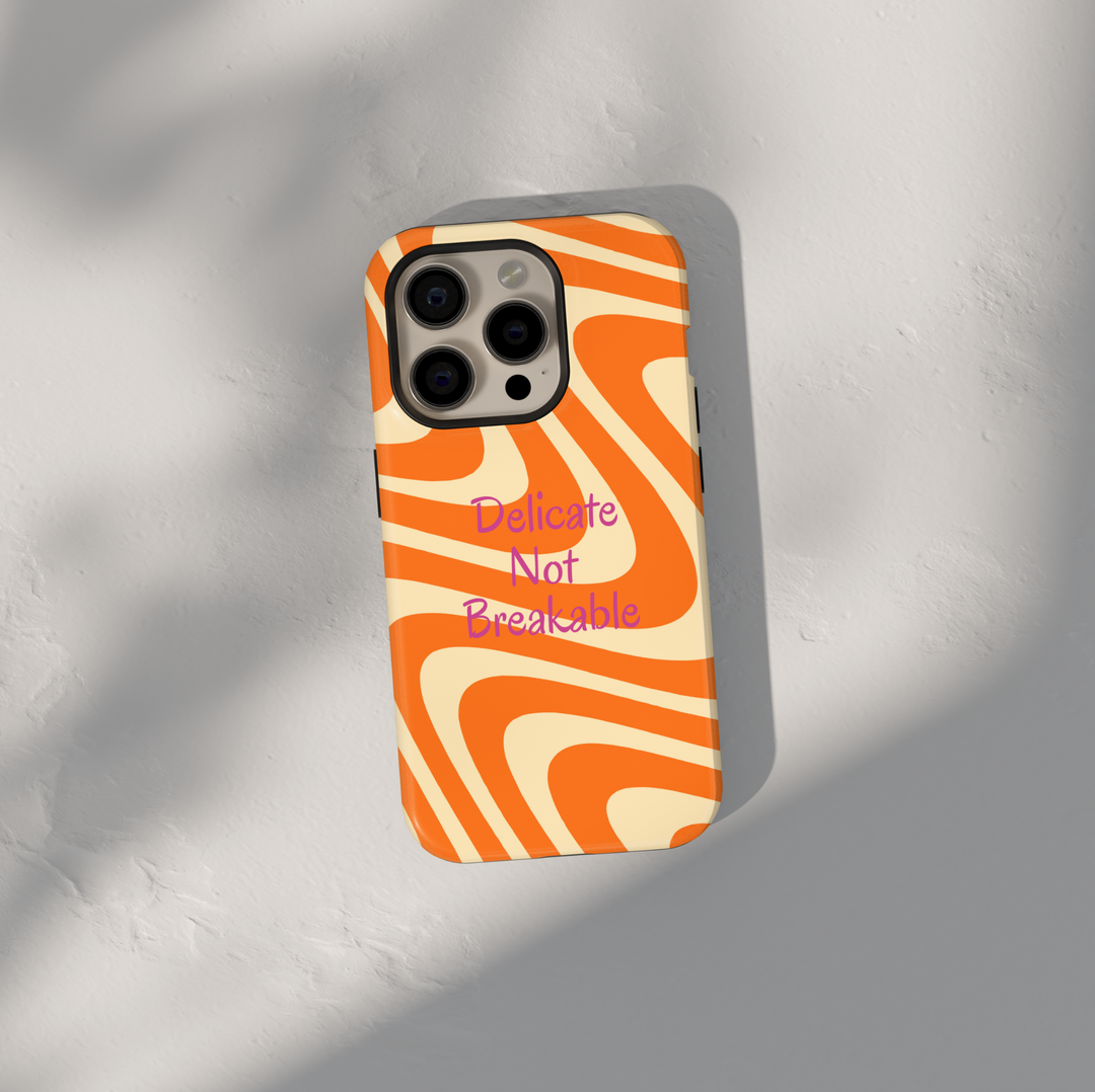 Delicate not breakable phone case with orange abstract swirl background for iPhone and Samsung Galaxy motivational aesthetic protective case.