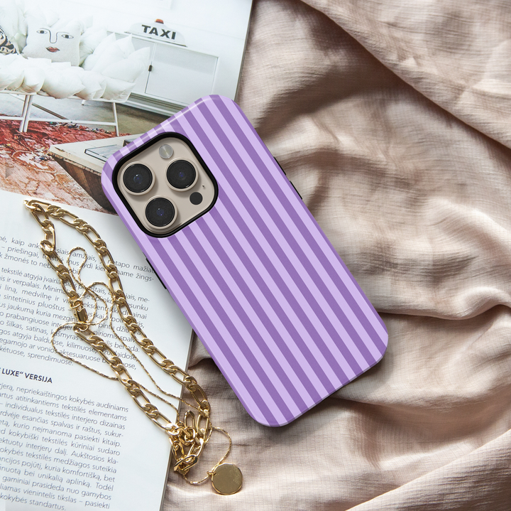 Lilac Theory purple striped iPhone 18 Pro Max MagSafe case with vertical lavender, lilac and purple stripes, a minimalist preppy tough iPhone 18 Pro phone case with feminine pastel aesthetic, protective design and MagSafe compatibility.