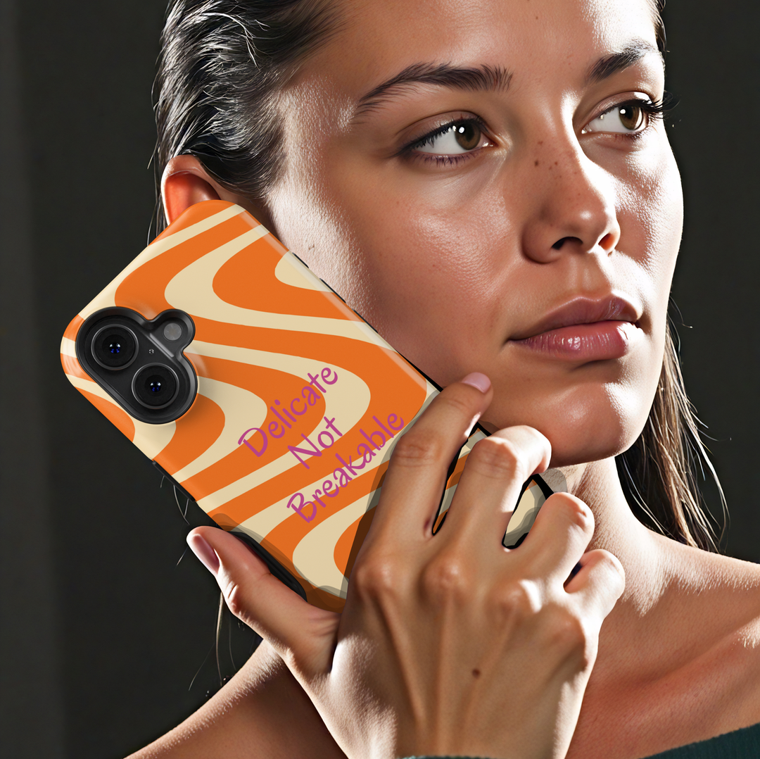 Delicate not breakable phone case with orange abstract swirl background for iPhone and Samsung Galaxy motivational aesthetic protective case.