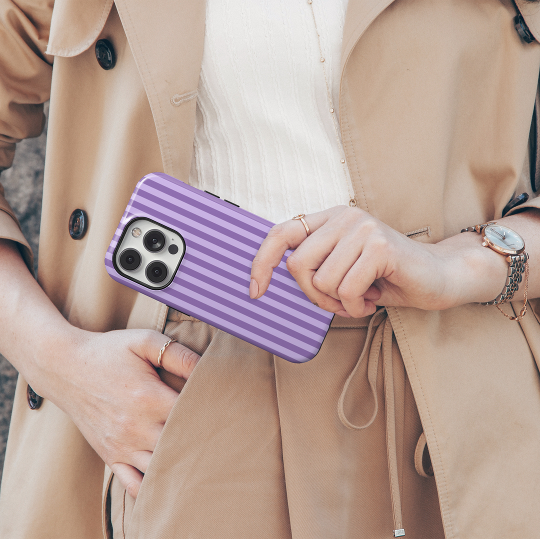 Lilac Theory purple striped iPhone 18 Pro Max MagSafe case with vertical lavender, lilac and purple stripes, a minimalist preppy tough iPhone 18 Pro phone case with feminine pastel aesthetic, protective design and MagSafe compatibility.