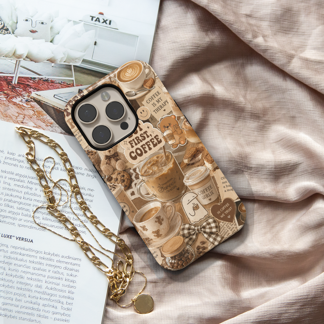 Cute coffee aesthetic iPhone 17 Pro Max case with lattes, coffee cups, bows, teddy bears, and cozy cafe-inspired artwork.