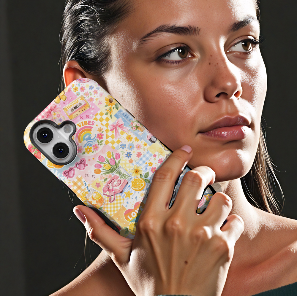 Cute retro collage iPhone 17 case with colorful summer aesthetic patchwork design, flowers, lemons and vintage stickers protective tough case for iPhone 17 Pro Max, iPhone 17 Pro, iPhone 16 Pro Max, iPhone 16 Plus