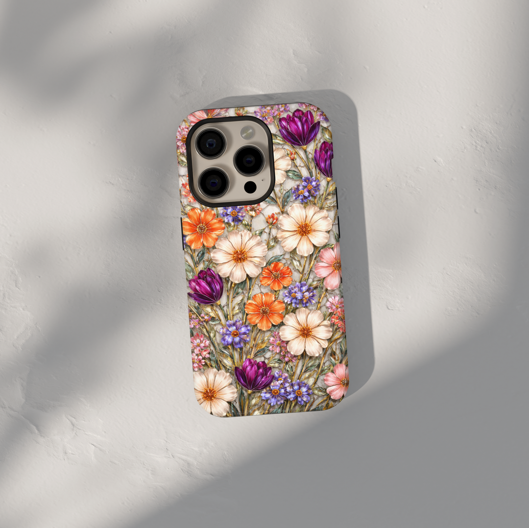 Elegant floral phone case with vintage garden flowers in pink, orange, and purple for iPhone 17 Pro Max and Samsung Galaxy S26 Ultra.