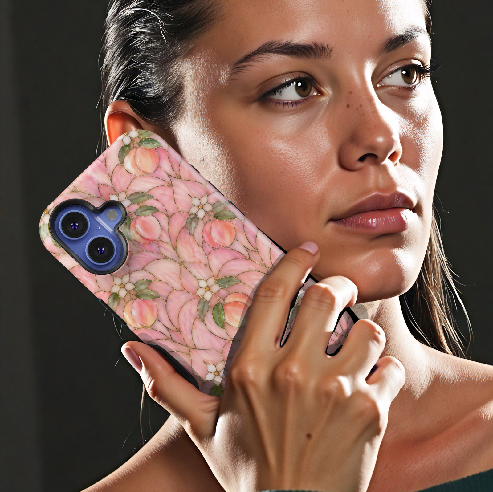 Peach floral iPhone 17 Pro Max case with soft pink petals, delicate blossoms, and orchard-inspired stained-glass design.