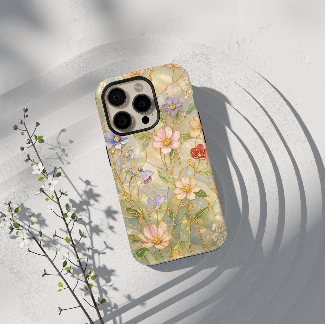 Elegant pastel floral phone case with gold botanical outlines and soft marble background, protective tough case for iPhone and Samsung Galaxy
