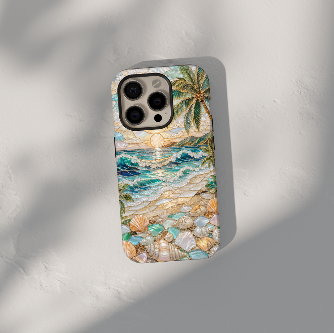 Beach-themed iPhone case featuring turquoise ocean waves, tropical palm trees, seashells, pearls, sandy shoreline, and coastal sunset artwork.