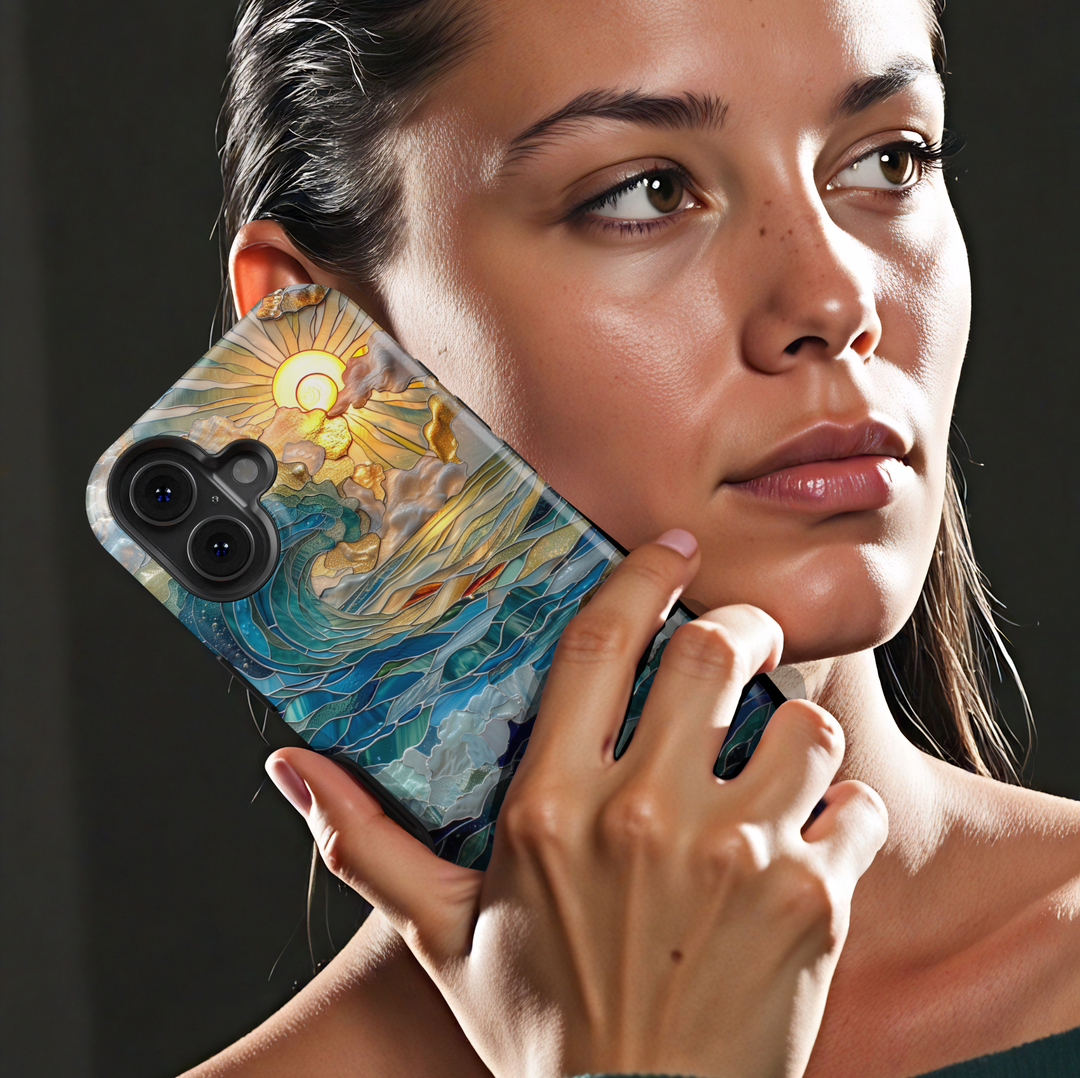 Ocean inspired stained glass art phone case with layered blue waves and golden sun on a protective iPhone and Samsung Galaxy phone case for women