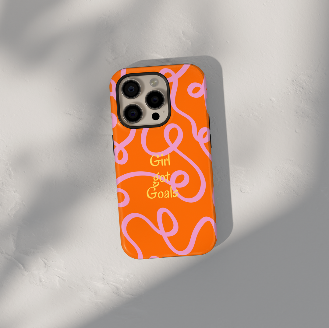 Orange aesthetic phone case with girl got goals quote, pink swirl abstract pattern iPhone 16 Pro Max case, Samsung Galaxy S26 Ultra S25 Ultra glossy protective cover for women