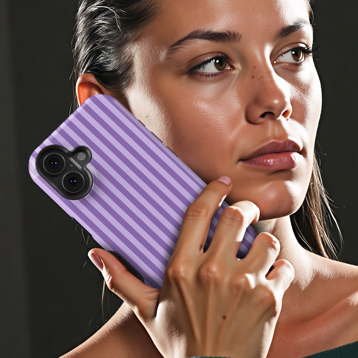 Lilac Theory purple striped iPhone 18 Pro Max MagSafe case with vertical lavender, lilac and purple stripes, a minimalist preppy tough iPhone 18 Pro phone case with feminine pastel aesthetic, protective design and MagSafe compatibility.