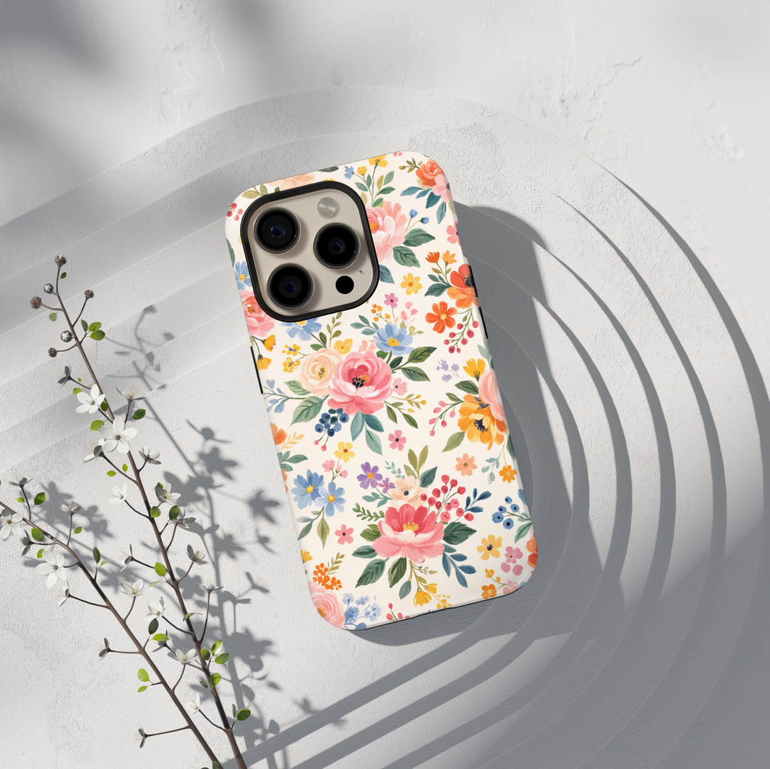 Colorful floral iPhone 17 case with pastel wildflowers and vintage garden aesthetic protective tough case for iPhone 17 Pro Max, iPhone 17 Pro, iPhone 16 Pro Max, iPhone 16 Plus cute flower phone cover
