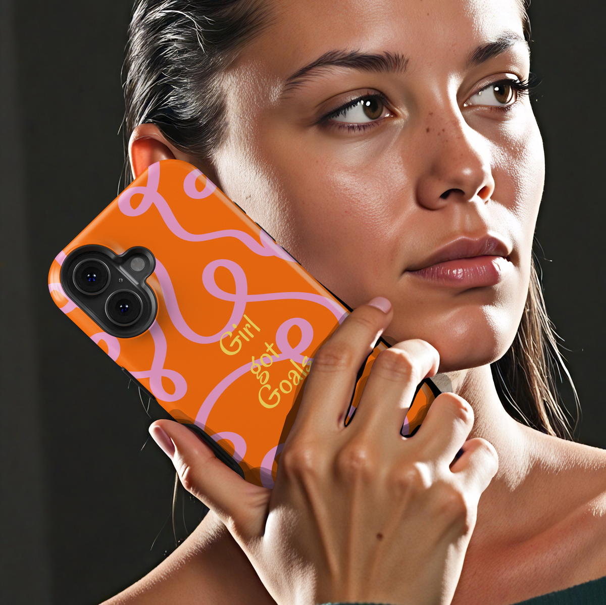 Orange aesthetic phone case with girl got goals quote, pink swirl abstract pattern iPhone 16 Pro Max case, Samsung Galaxy S26 Ultra S25 Ultra glossy protective cover for women