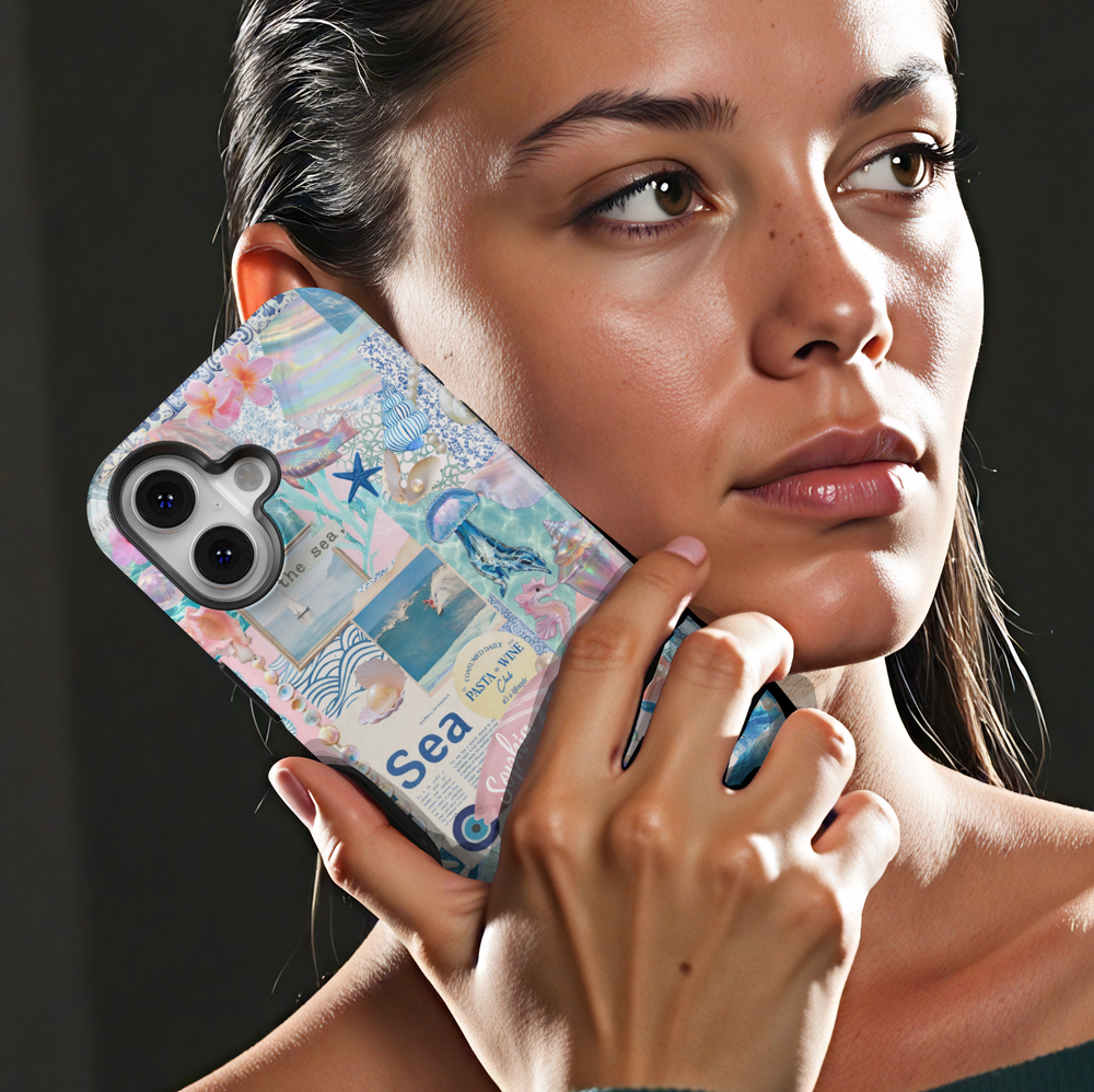 Ocean aesthetic phone case with seashells, pearls, and beach collage design for iPhone 17 Pro Max and Samsung Galaxy S26 Ultra.