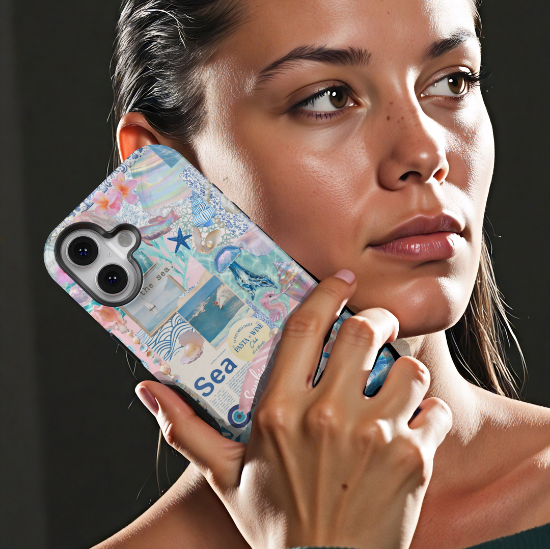 Ocean aesthetic phone case with seashells, pearls, and beach collage design for iPhone 17 Pro Max and Samsung Galaxy S26 Ultra.