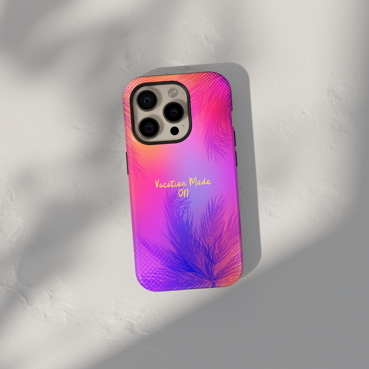 Tropical sunset aesthetic phone case with vacation mode on quote, palm tree gradient pink purple orange iPhone 16 Pro Max case, Samsung Galaxy S26 Ultra S25 Ultra summer glossy protective cover