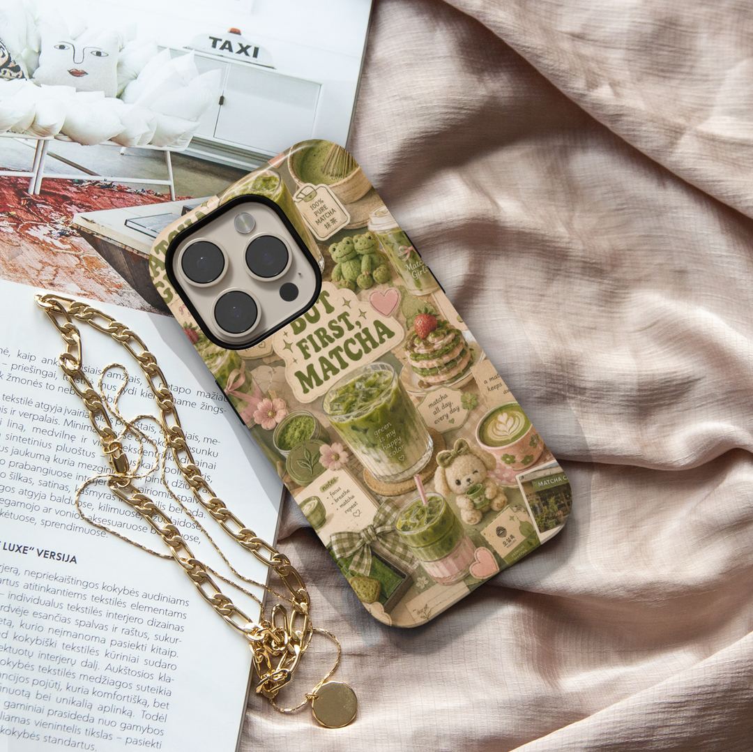 Cute matcha aesthetic iPhone 17 Pro Max case with green tea drinks, desserts, bows, and cozy cafe-inspired artwork.