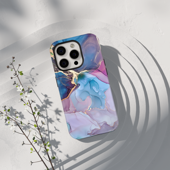 Personalized blue marble phone case with gold accents and custom name design