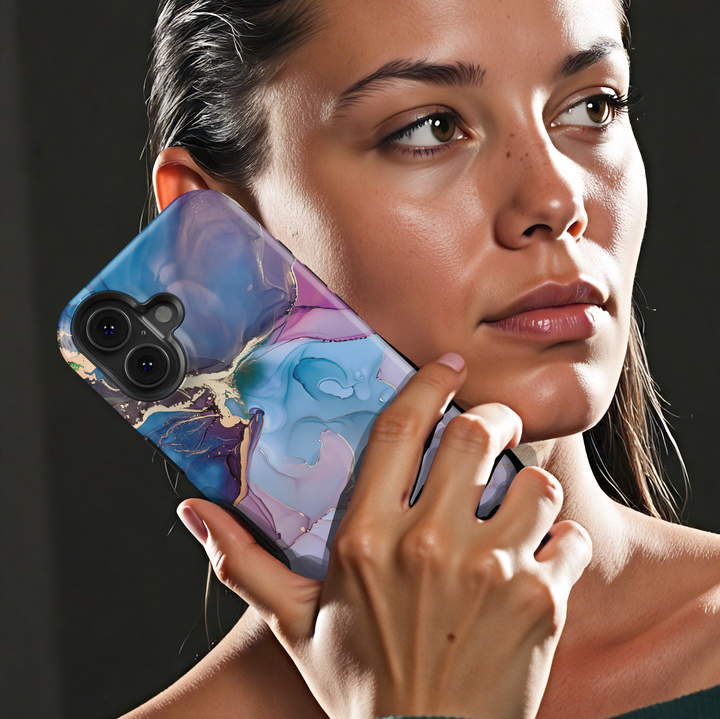 Personalized blue marble phone case with gold accents and custom name design