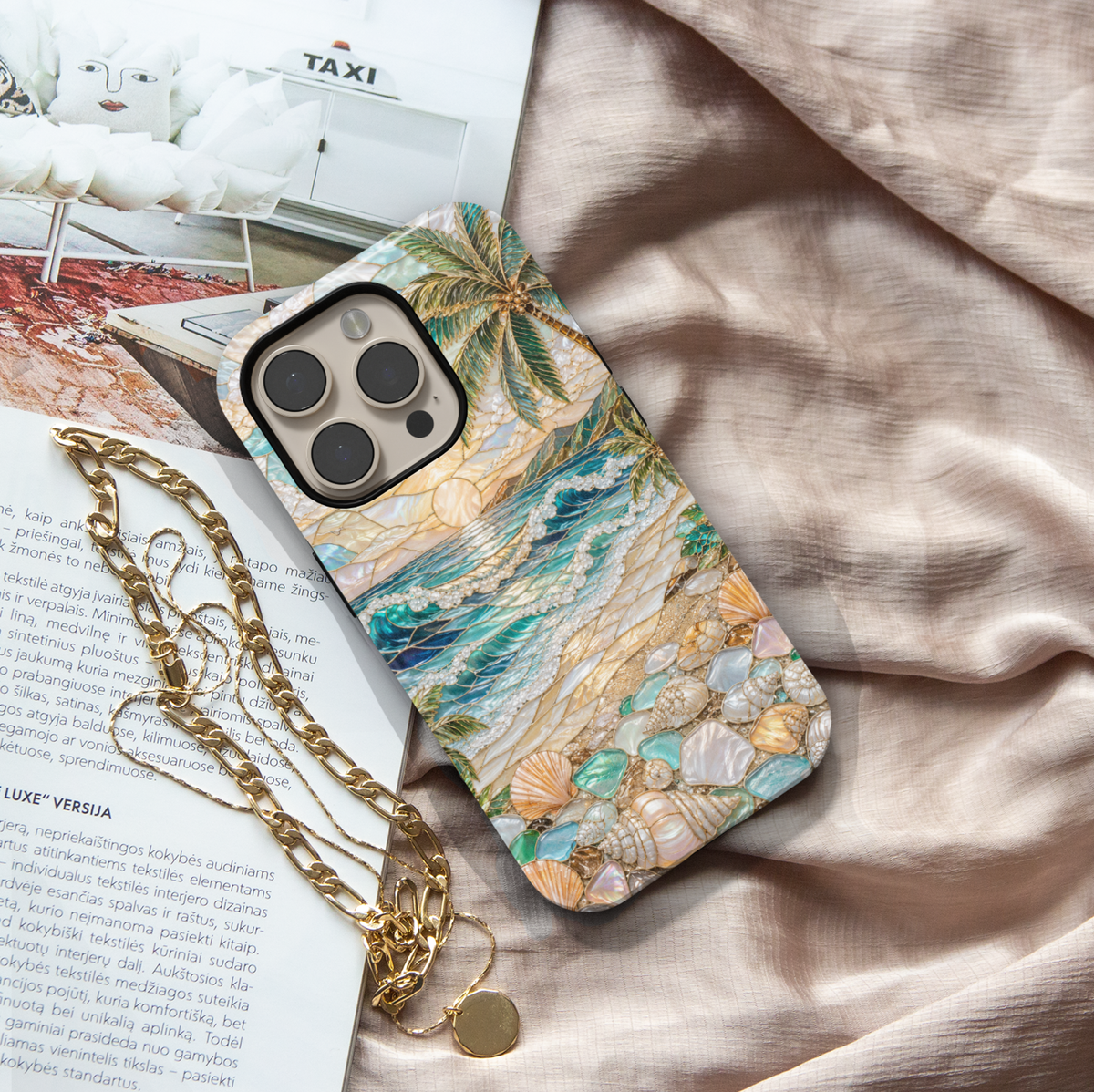 Beach-themed iPhone case featuring turquoise ocean waves, tropical palm trees, seashells, pearls, sandy shoreline, and coastal sunset artwork.