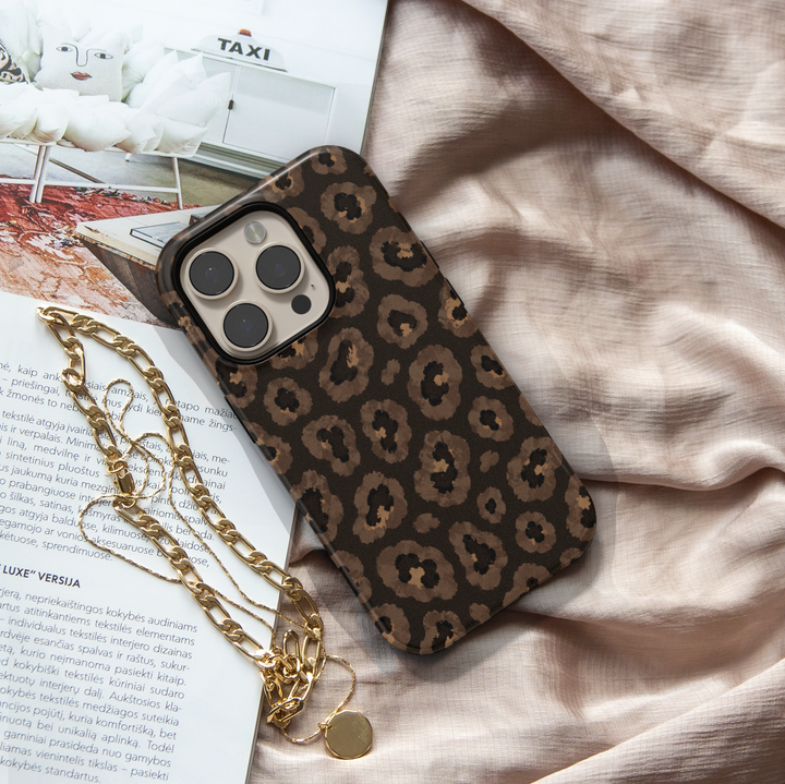 Smoky Leopard iPhone case featuring realistic taupe, brown, charcoal and black leopard animal print.