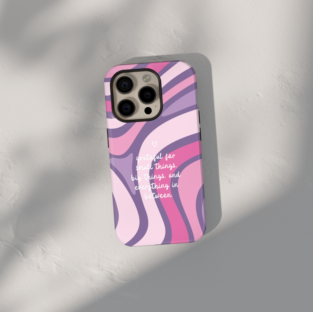 Gratitude quote phone case with pink purple wavy aesthetic background for iPhone and Samsung Galaxy protective case with inspirational message.