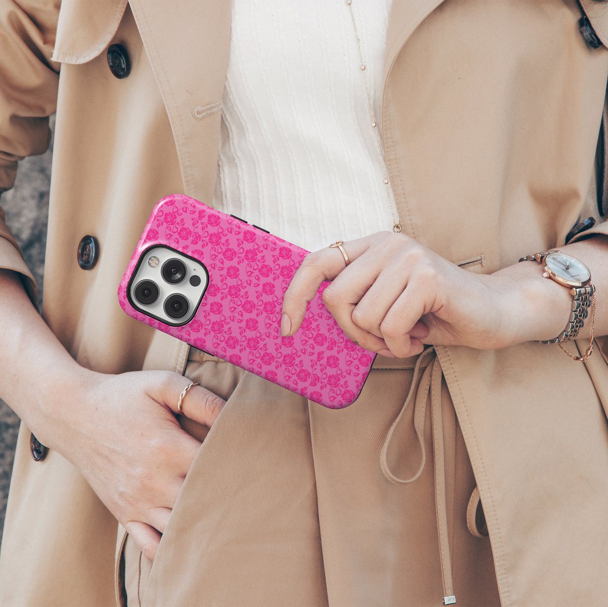 Love Language pink floral iPhone 18 Pro Max MagSafe case featuring an all-over hot pink rose and leaf pattern on a soft blush pink background, a romantic feminine tough iPhone 18 Pro phone case with vintage floral, girly coquette aesthetic and MagSafe compatibility.