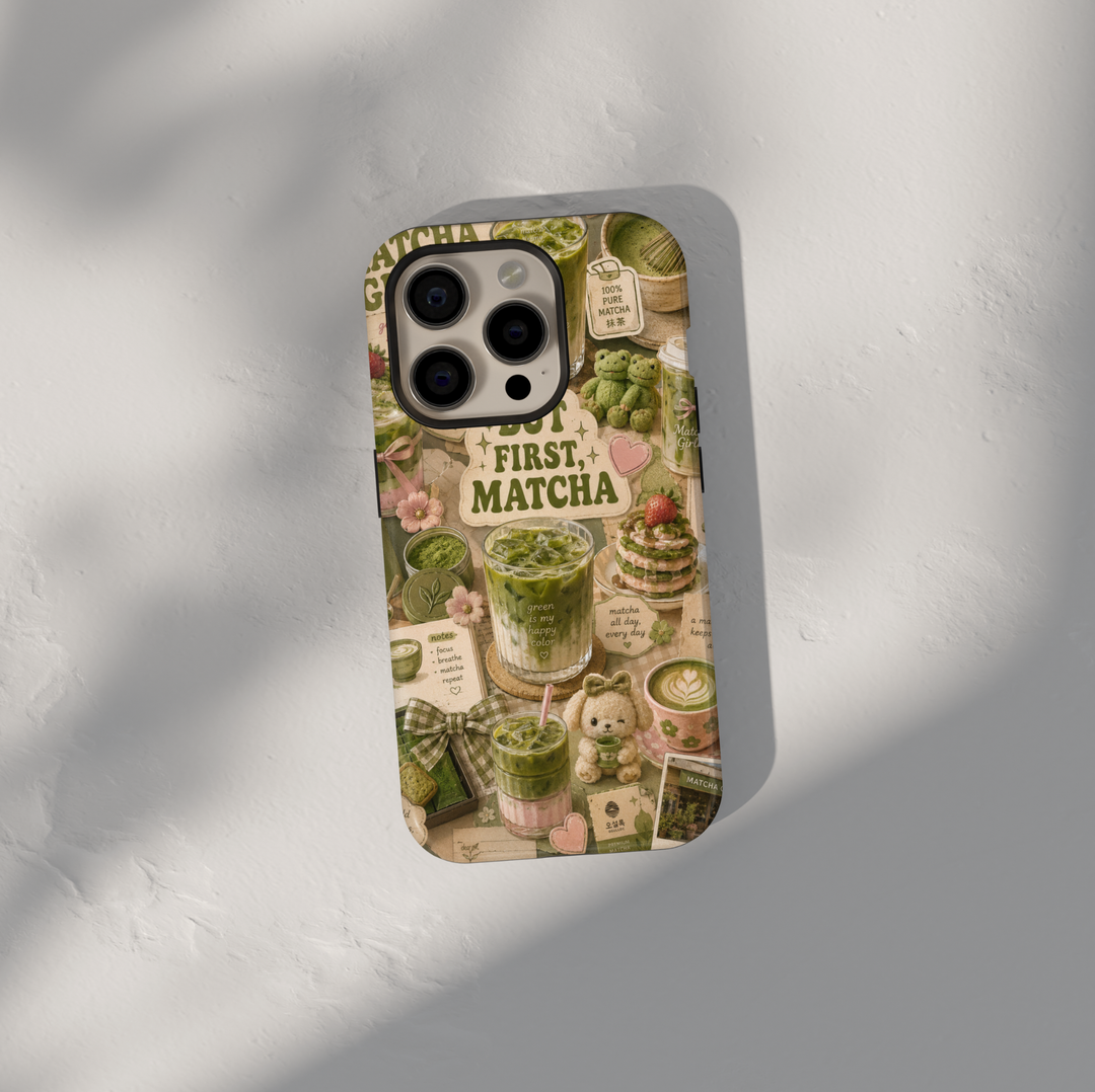 Cute matcha aesthetic iPhone 17 Pro Max case with green tea drinks, desserts, bows, and cozy cafe-inspired artwork.