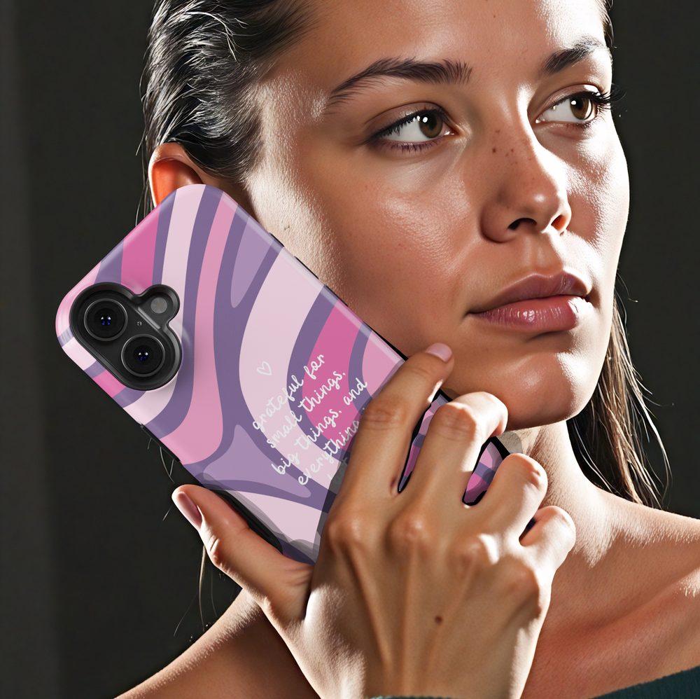 Pink purple swirl aesthetic phone case with grateful for small things big things quote, wavy pattern iPhone 16 Pro Max case, Samsung Galaxy S26 Ultra S25 Ultra cute glossy protective cover