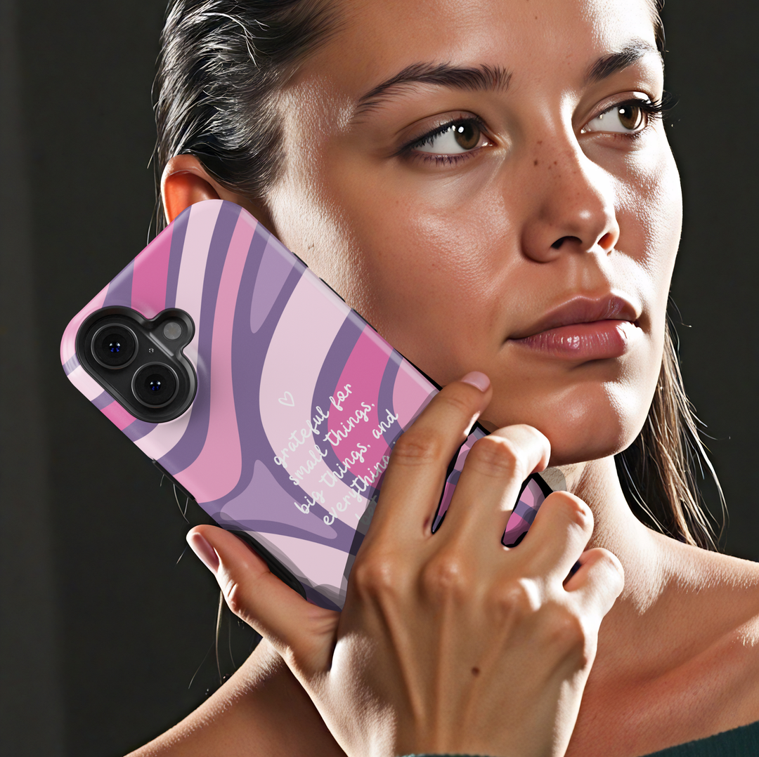 Pink purple swirl aesthetic phone case with grateful for small things big things quote, wavy pattern iPhone 16 Pro Max case, Samsung Galaxy S26 Ultra S25 Ultra cute glossy protective cover