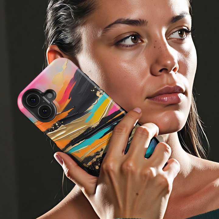 Modern landscape iPhone case featuring turquoise mountains, a reflective lake, and a colorful sunset sky.