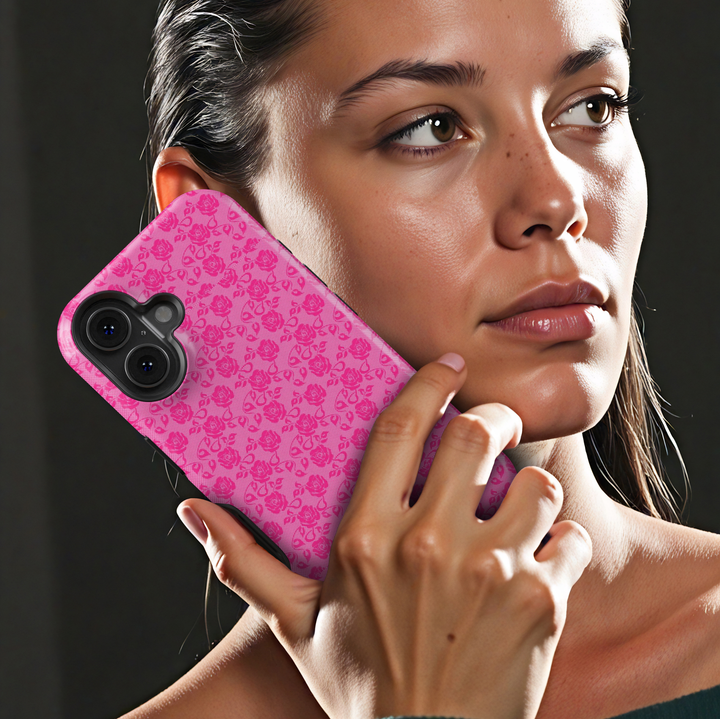Love Language pink floral iPhone 18 Pro Max MagSafe case featuring an all-over hot pink rose and leaf pattern on a soft blush pink background, a romantic feminine tough iPhone 18 Pro phone case with vintage floral, girly coquette aesthetic and MagSafe compatibility.
