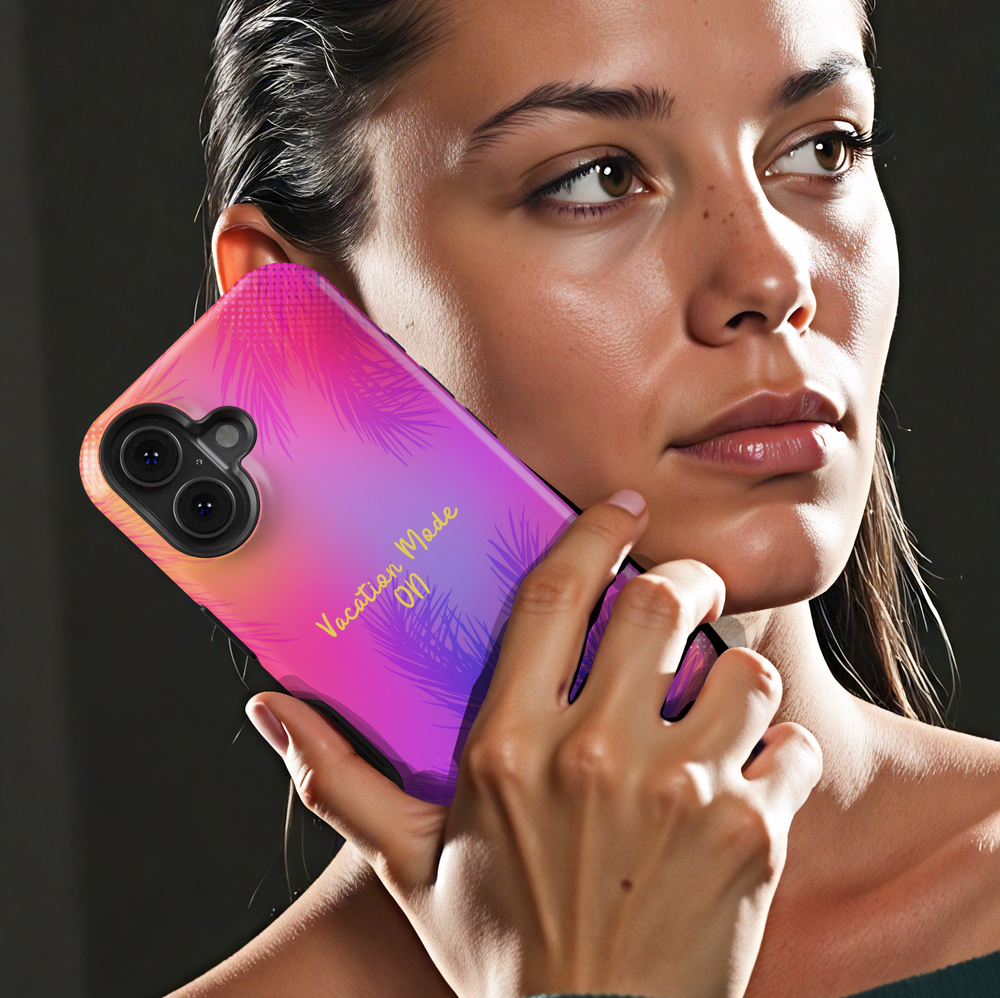 Vacation mode phone case with tropical palm leaves and pink purple sunset gradient for iPhone and Samsung Galaxy protective case summer aesthetic design.