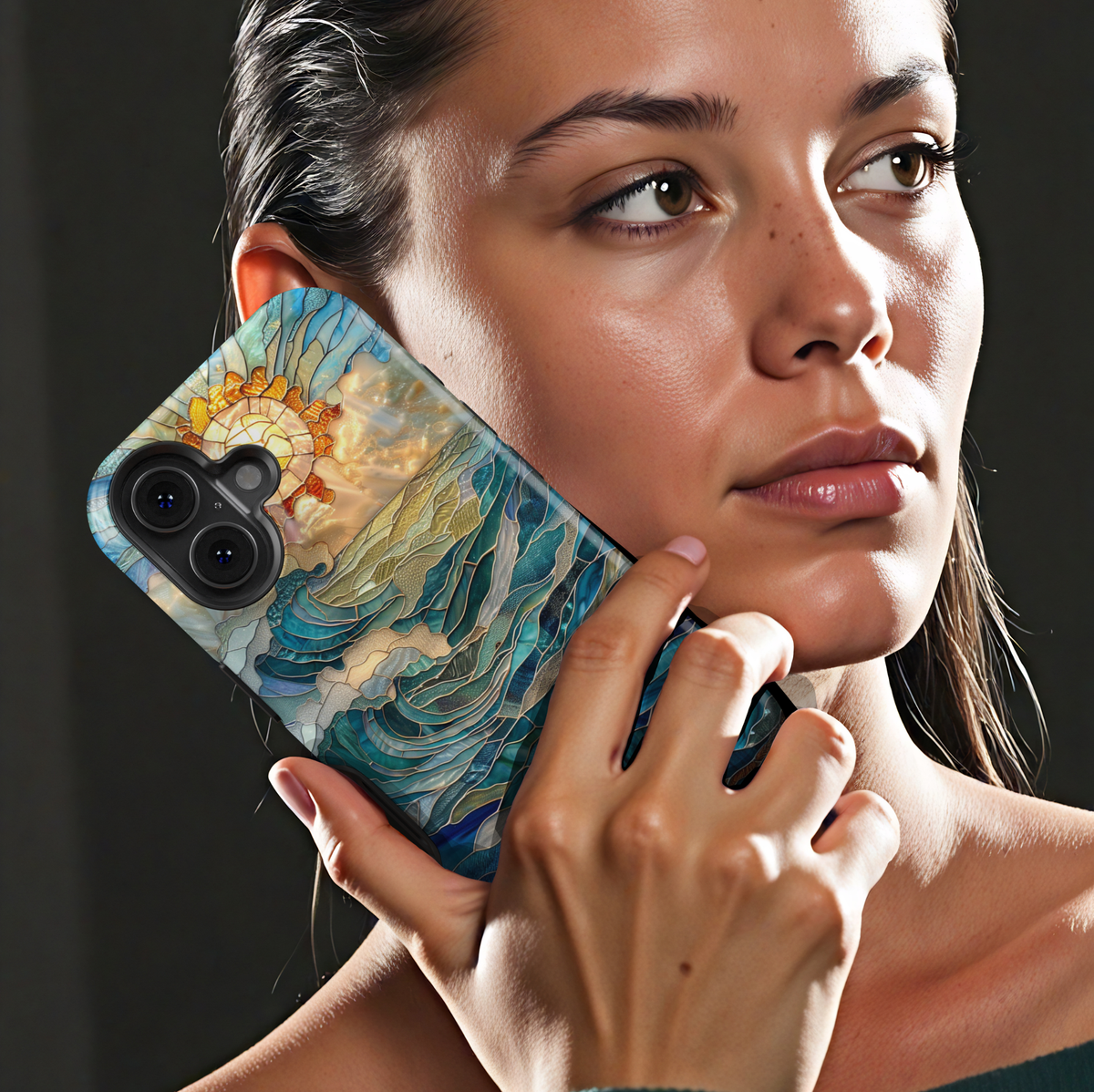 Ocean inspired stained glass art phone case with layered blue waves and golden sun on a protective iPhone and Samsung Galaxy phone case for women