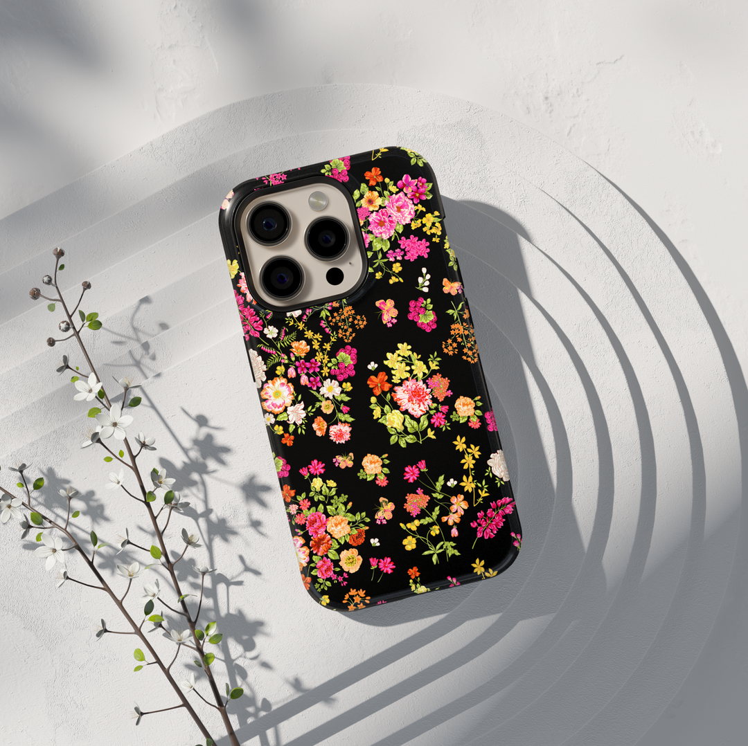 Black floral wildflower iPhone 17 case with colorful botanical flowers aesthetic protective tough case for iPhone 17 Pro Max, iPhone 17 Pro, iPhone 16 Pro Max, iPhone 16 Plus cute garden flower phone cover