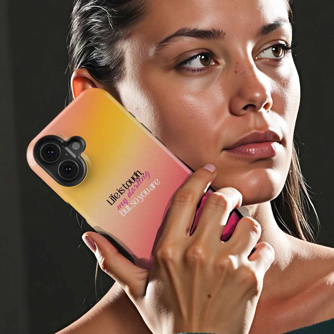 Motivational quote phone case with life is tough but so are you text on sunset gradient background for iPhone and Samsung Galaxy protective case.