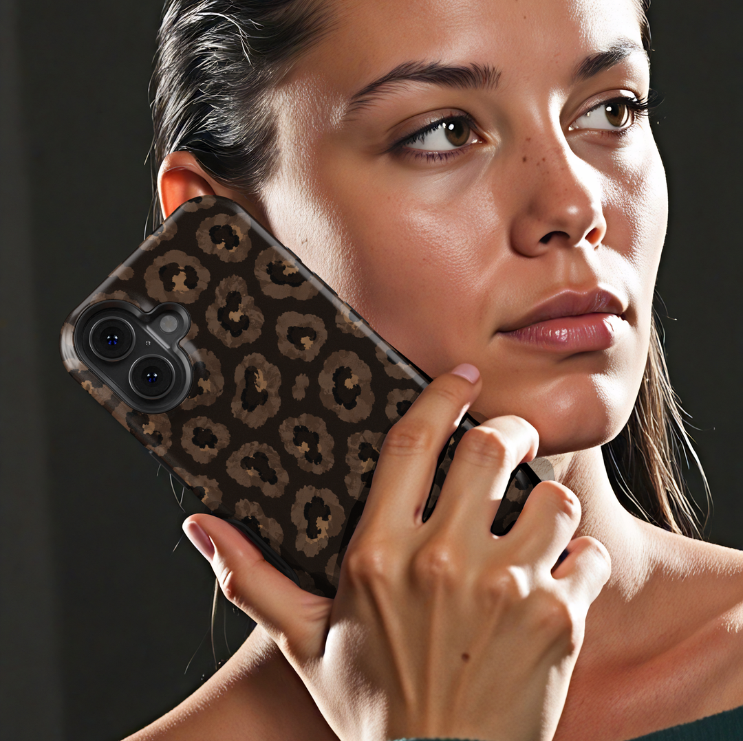 Smoky Leopard iPhone case featuring realistic taupe, brown, charcoal and black leopard animal print.